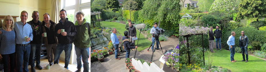 Us (on left) with a few of BBC team before filming | Setting up in our garden | David Lindo & Mark in garden