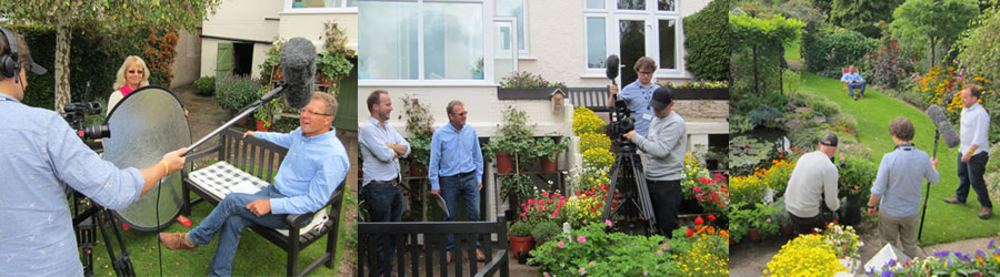 Jane (assisting!) and Mark being interviewed| Mark and BBC crew | Filming in our garden 